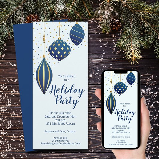 Invitation Ornements de Noël Bleu Or Fêtes