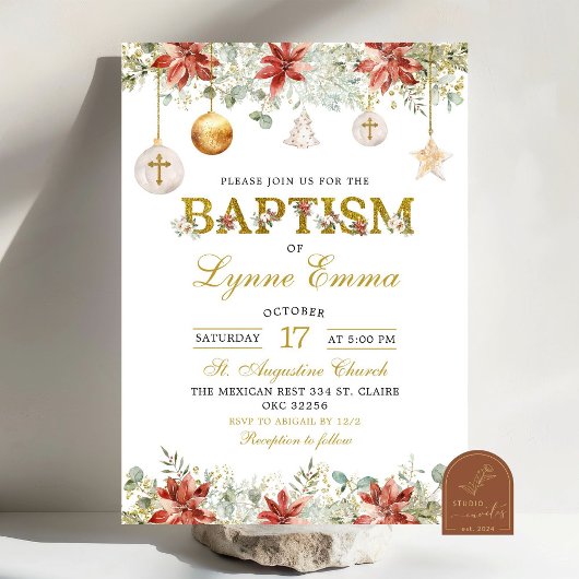Invitation Ornements de Noël d'or Baptême d'eau