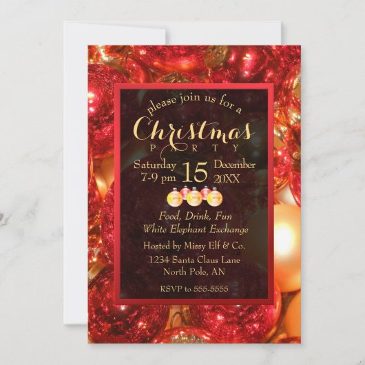 Invitation Ornements de Noël or et rouge (Devant)