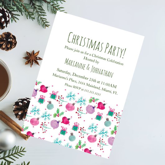 Invitation Ornements de Noël peints à l'aquarelle pour les fê