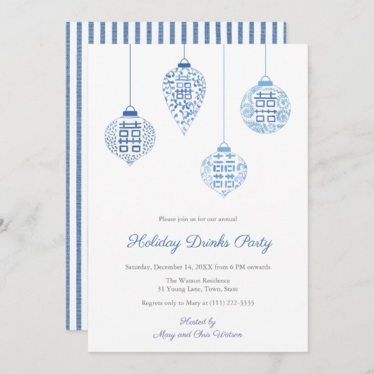 Invitation Ornements De Vacances Blancs Et Bleus Chic Boisson (Devant / Derrière)