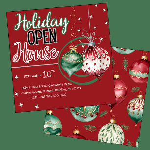 Invitation Ornements de vacances Open House en rouge et vert