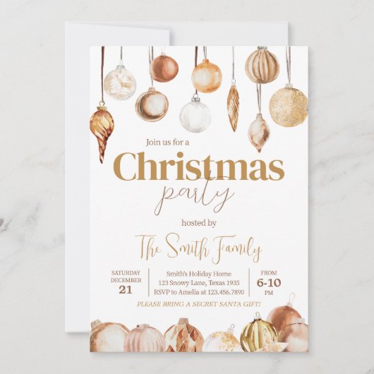 Invitation Ornements d'or Fête de Noël (Devant)