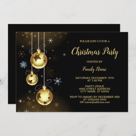 Invitation Ornements dorés de Noël Étoiles brillantes Fête no (Devant / Derrière)