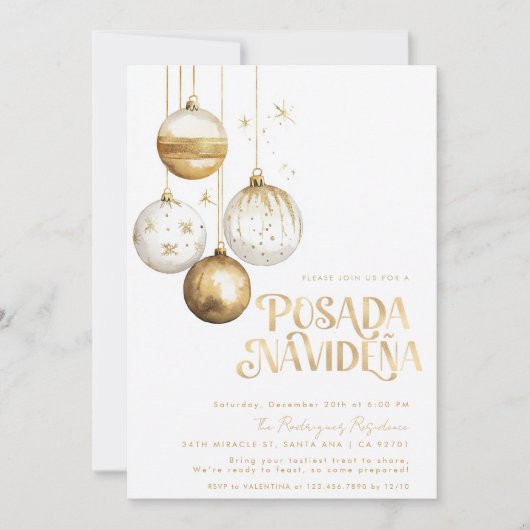 Invitation Ornements dorés et blancs de Posada Navideña mexic (Devant)