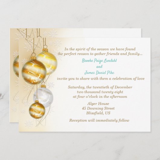 Invitation Ornements dorés et blancs pour mariage de Noël (Devant / Derrière)