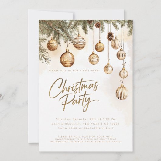 Invitation Ornements Élégants Or Baubles Noël (Devant)