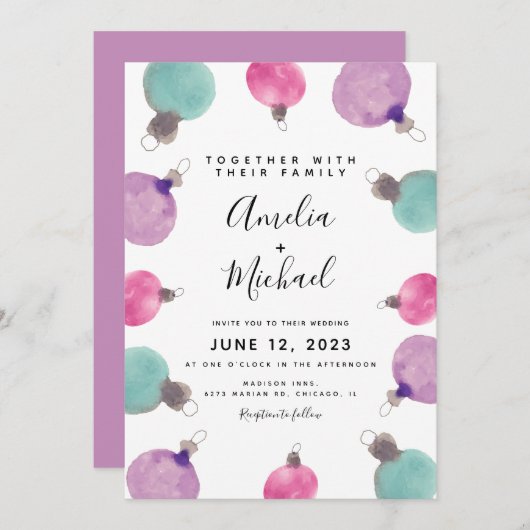 Invitation Ornements en aquarelle à la main de Noël Mariage f (Devant / Derrière)