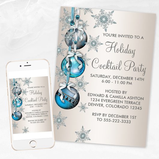 Invitation Ornements Flocons de Neige Bleu Sarcelle Fête de N