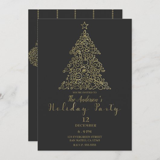 Invitation Ornements Gold Charcoal Elegant Tree Holiday Party (Devant / Derrière)