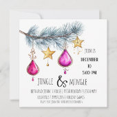 Invitation Ornements roses et étoiles d'or avec Tree Party (Devant)