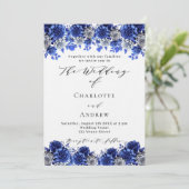 Invitation Orthographe de luxe bleu royal fleurs blanches mar (Debout devant)