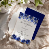 Invitation Orthographe de luxe bleu royal fleurs blanches mar