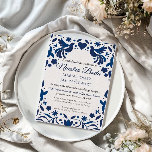 Invitation Otomi Blue Floral Elegant Fiesta Spanish Wedding