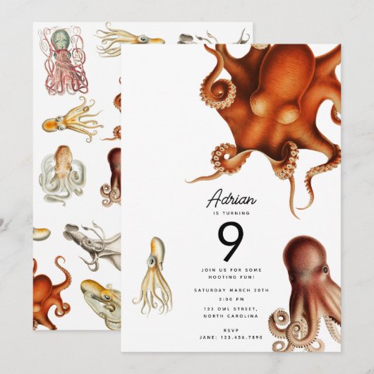 Invitation Otopus Cephalopod Animaux de l'océan Anniversaire (Devant / Derrière)