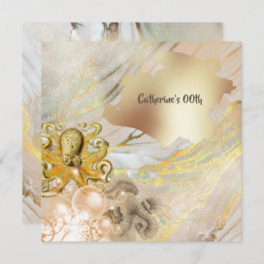 Invitation Otopus moderne faux or corail océanique nautique c (Devant / Derrière)