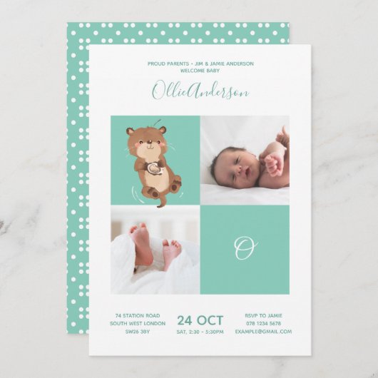 Invitation Otter ・ Alphabet Monogramme Baby shower mûr (Devant / Derrière)