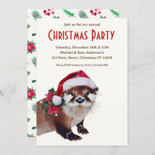 Invitation Otter dans un Santa Hat Poinsettias fête de Noël