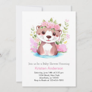 Invitation Otter Meadow Adventure Baby shower fille rose