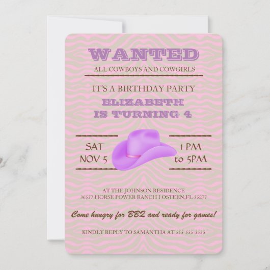 Invitation OUAIS ! Purple Cowgirl Anniversaire Fête Invitatio (Devant)