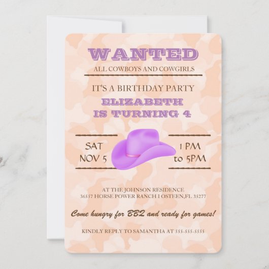 Invitation OUAIS ! Purple Cowgirl Anniversaire Fête Invitatio (Devant)
