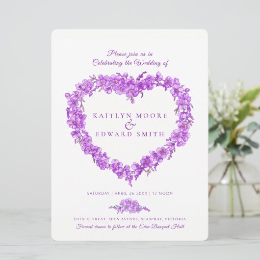 Invitation Oubliez-moi pas coeur art mariage violet blanc (Debout devant)