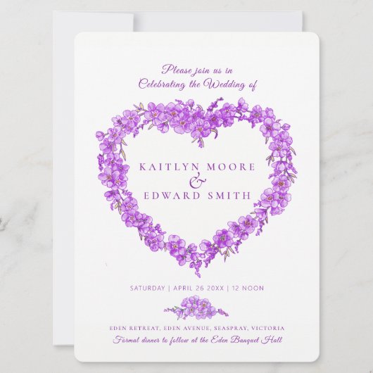 Invitation Oubliez-moi pas coeur art mariage violet blanc (Devant)