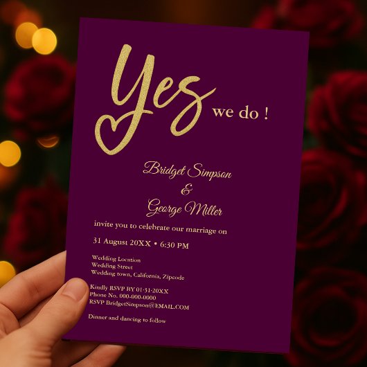 Invitation Oui Nous faisons mariage or prune