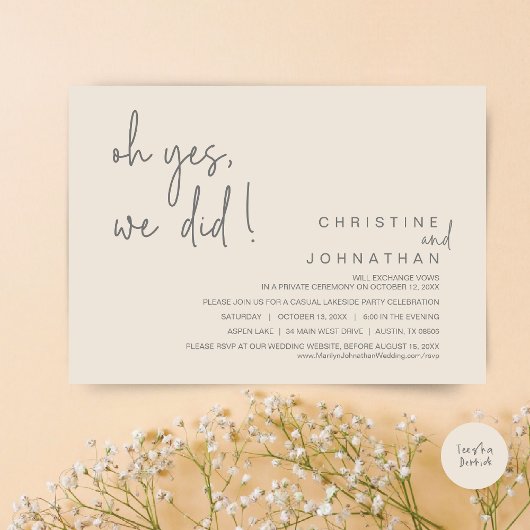 Invitation Oui, nous l'avons fait, Elopement Mariage, Crème e