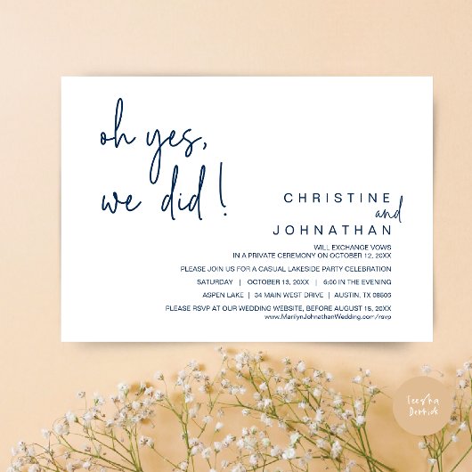 Invitation Oui, On L'A Fait, Mariage Elopement, Navy Blue