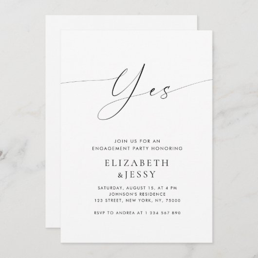 Invitation Oui | Script design moderne White Engagement Party (Devant / Derrière)