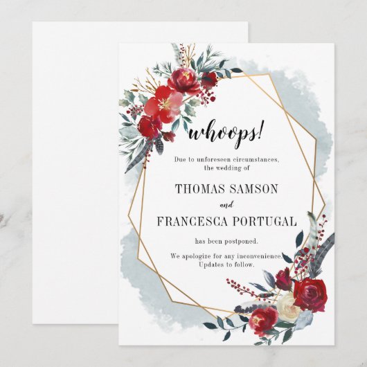 Invitation Oups ! Postponte fleurie Boho géométrique or (Devant / Derrière)
