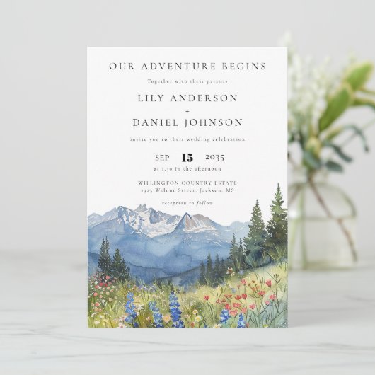 Invitation Our Adventure Mountain Wildflower QR Code Wedding (Debout devant)