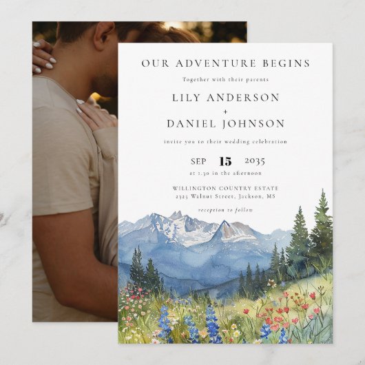 Invitation Our Adventure Mountain Wildflowers Photo Wedding (Devant / Derrière)