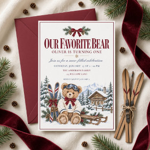 Invitation Our Favorite Bear Ours Hiver Teddy Burgundy Nœud