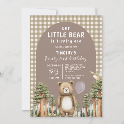 Invitation Our Little Bear a un an Forest Gingham (Devant)