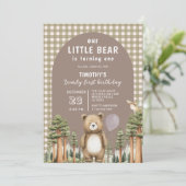 Invitation Our Little Bear a un an Forest Gingham (Debout devant)