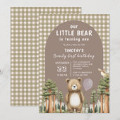 Invitation Our Little Bear a un an Forest Gingham (Devant / Derrière)