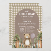 Invitation Our Little Bear is Turning One Forest Gingham (Devant / Derrière)