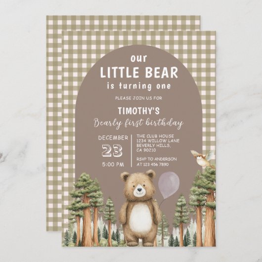 Invitation Our Little Bear is Turning One Forest Gingham (Devant / Derrière)