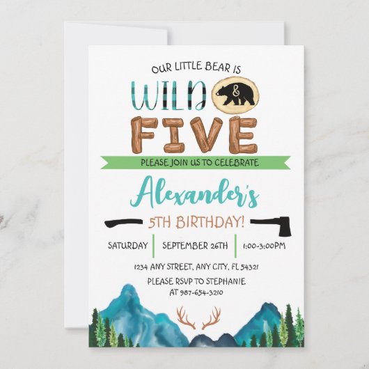 Invitation Our Little Bear is Wild & Five Anniversaire (Devant)