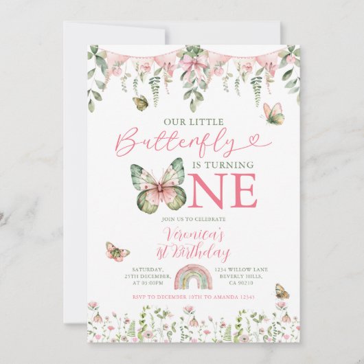 Invitation Our Little Butterfly is turning 1 Birthday Floral (Devant)
