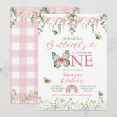 Invitation Our Little Butterfly is turning 1 Birthday Floral (Devant / Derrière)