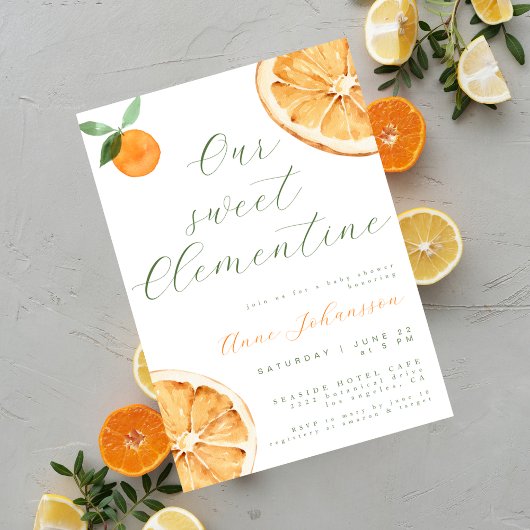 Invitation Our Little Clementine Elegant Script Baby Shower