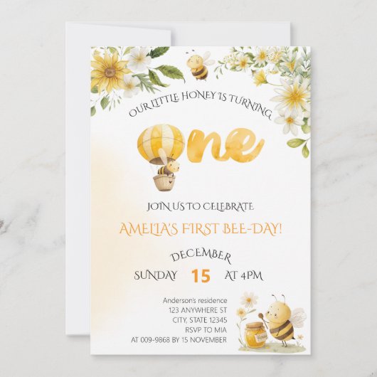 Invitation Our Little Honey Bee 1st Bee-Day Floral Birthday (Devant)