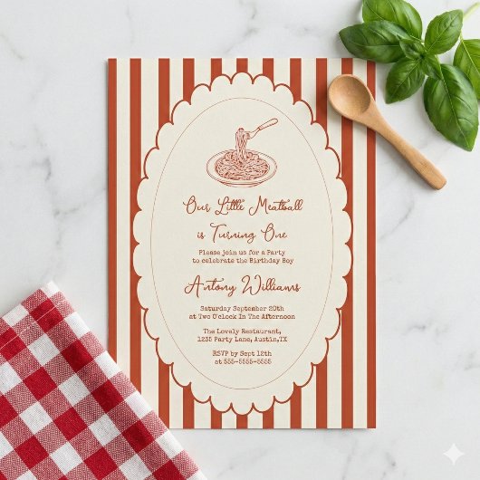 Invitation Our little meatball is turning one 1st Birthday 