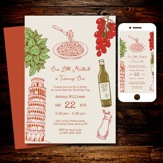 Invitation Our little meatball is turning one 1st Birthday