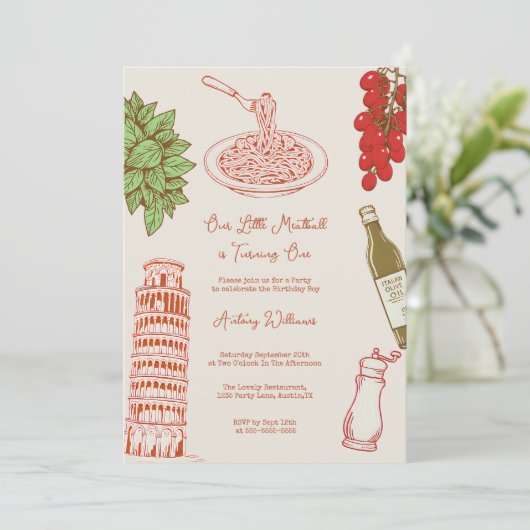 Invitation Our little meatball is turning one 1st Birthday (Debout devant)