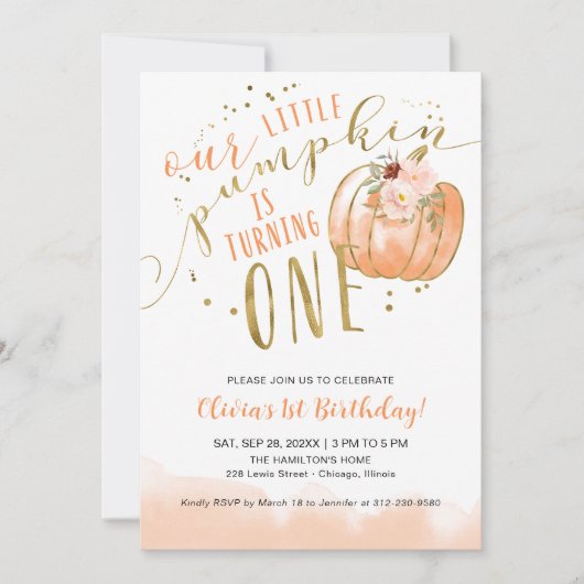 Invitation Our Little Pumpkin Is Turning One 1st Birthday (Devant)