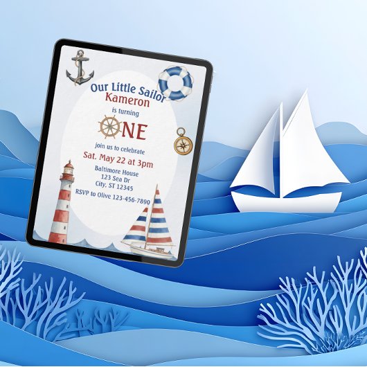 Invitation Our Little Sailor, 1st Birthday, watercolor